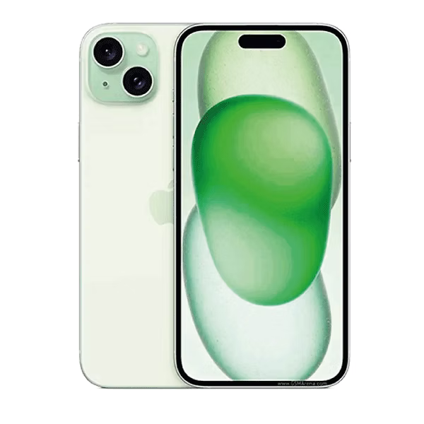 Apple iPhone 15 Plus in green, front and back
